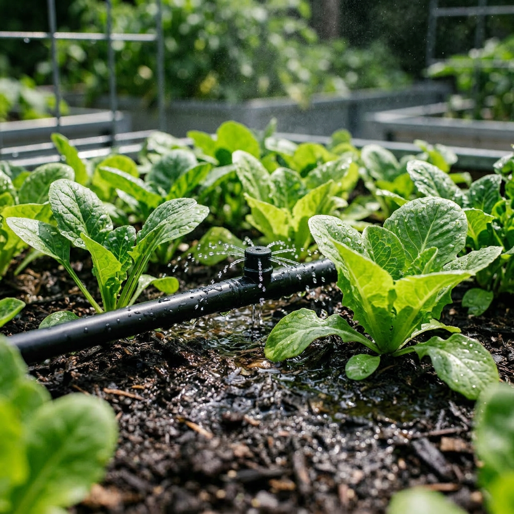 Sprinkler irrigating lettuce plants in garden soil
